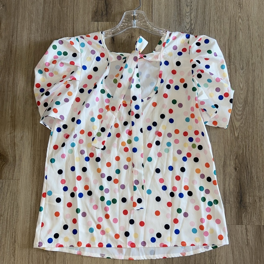 SHEIN multicolored polka dot short sleeve shirt. Red and Yellow, pink black blue